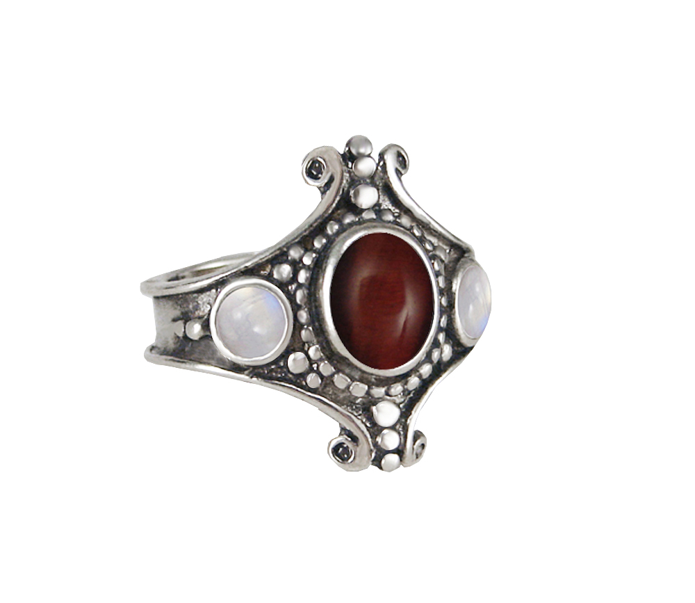 Sterling Silver Imperial Ring With Red Tiger Eye And Rainbow Moonstone Size 10 Sterling Silver Imperial Ring With Red Tiger Eye And Rainbow Moonstone Size 10